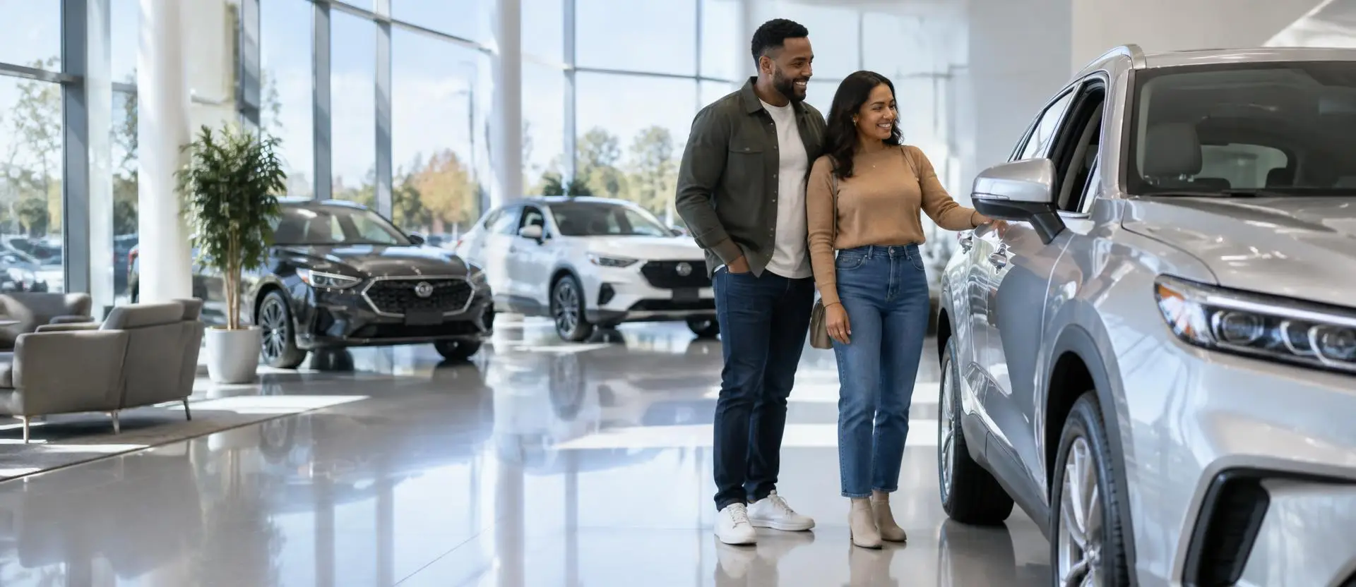 Couple browsing cars and SUVs in a bright dealership showroom